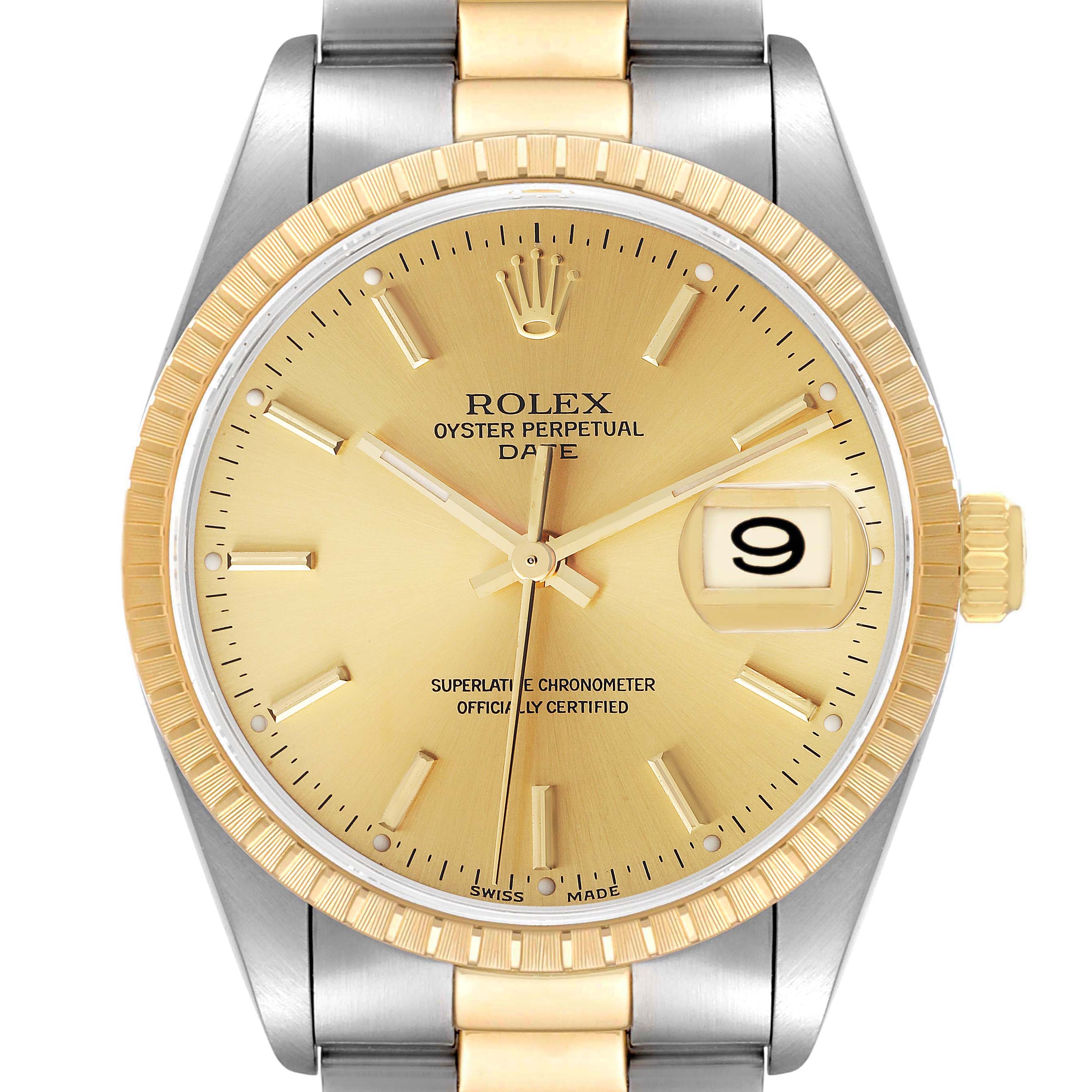 This is a front view of a Rolex Oyster Perpetual Date watch showing the dial, hands, bezel, case, and part of the bracelet.