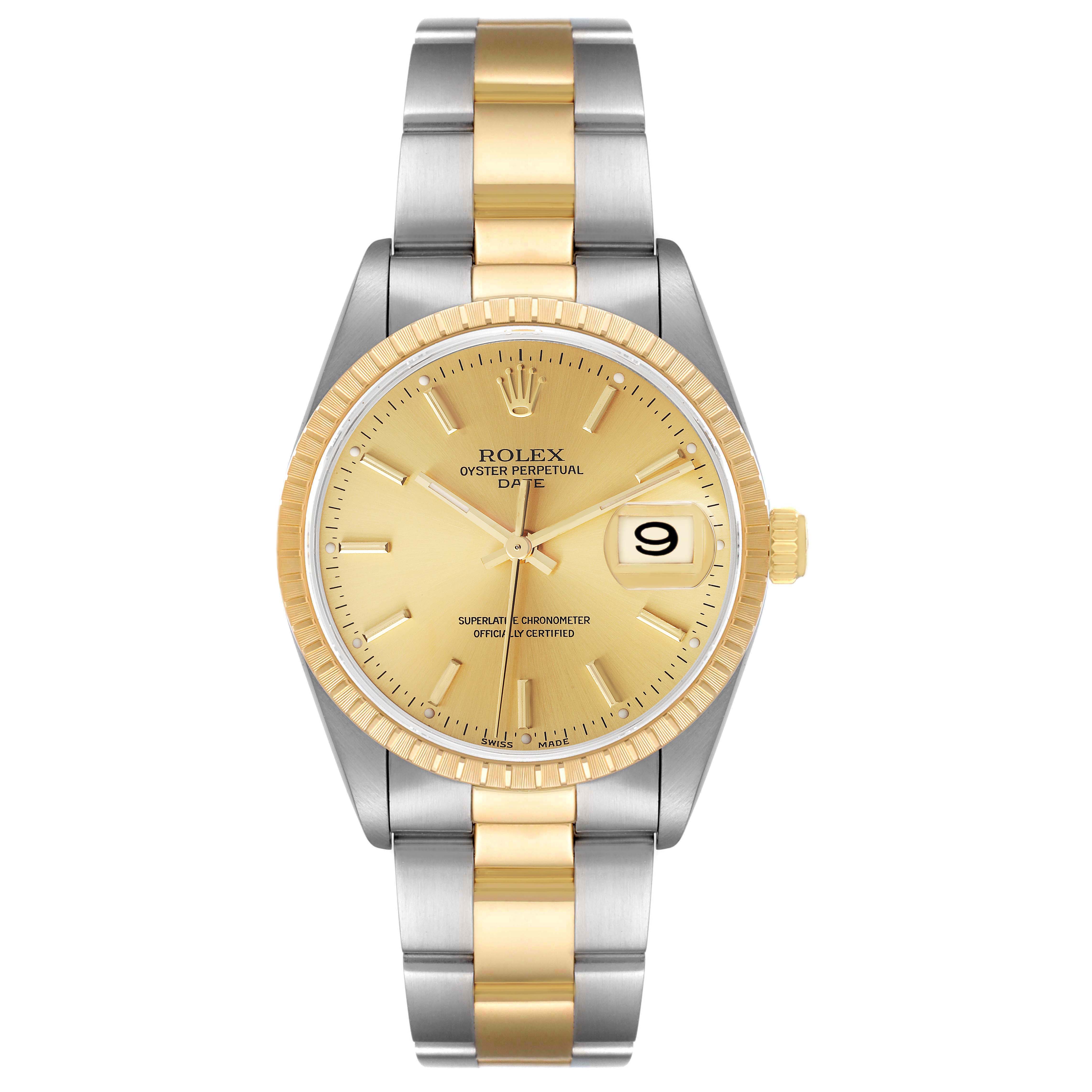 This Rolex Date 15223 Men's Steel and Gold (two tone) Champagne Dial 15223 Men's Steel and Gold (two tone) Champagne Dial model watch is shown from a front angle, displaying its gold and silver bracelet, bezel, dial, and date window at 3 o'clock.