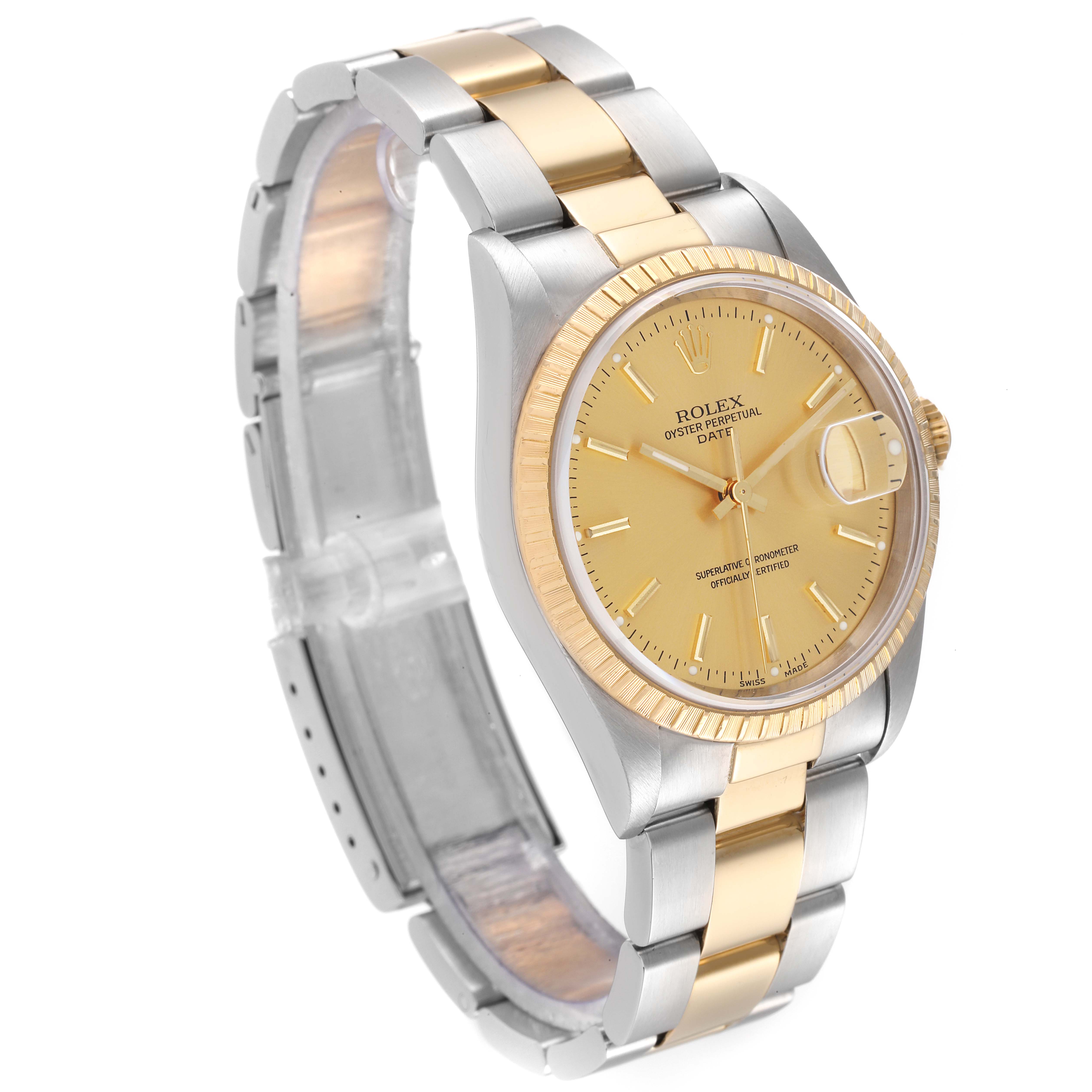 The image shows a Rolex Date 15223 Men's Steel and Gold (two tone) Champagne Dial 15223 Men's Steel and Gold (two tone) Champagne Dial model watch at a three-quarter angle, highlighting the bracelet, dial, bezel, and crown.
