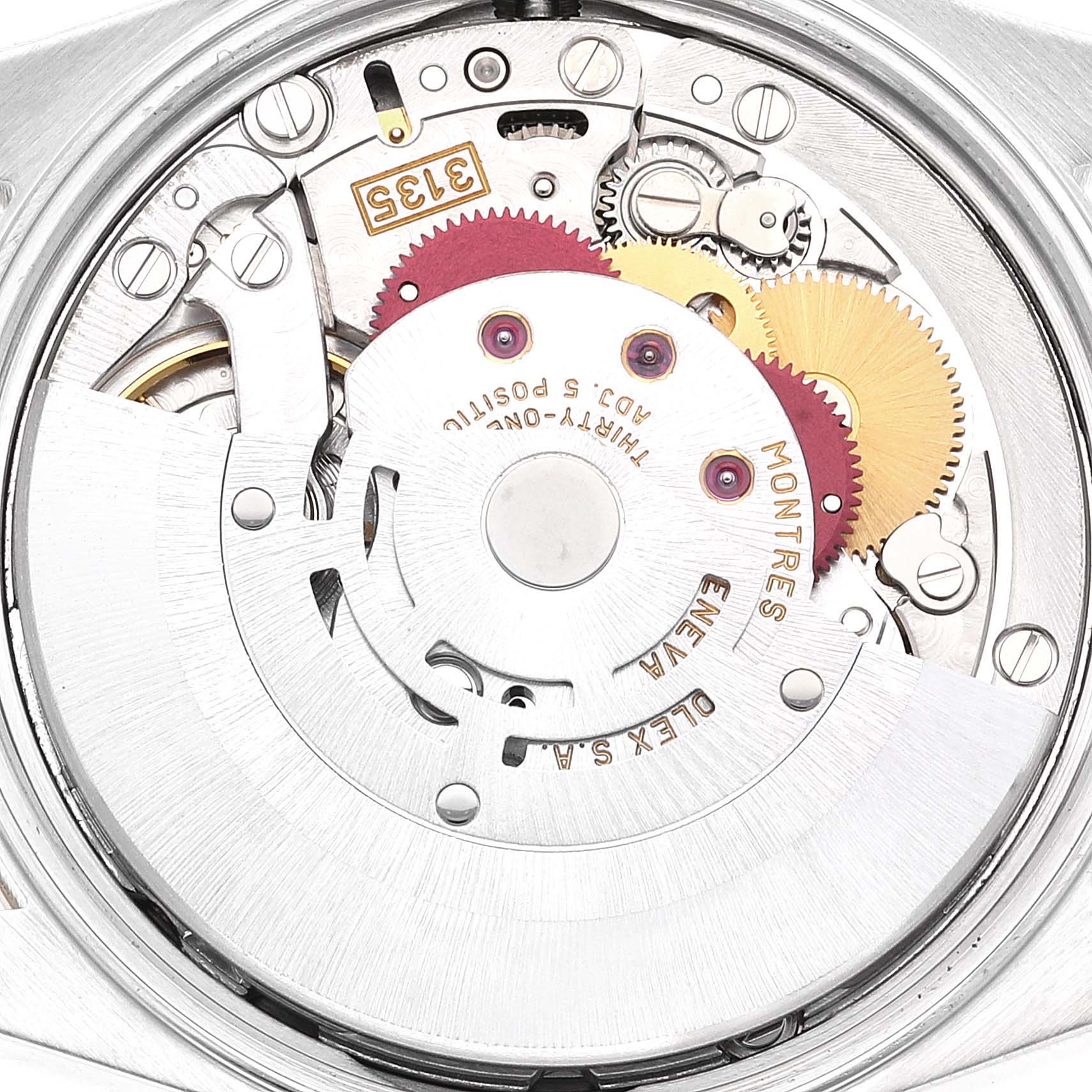 The image shows the movement mechanism of a Rolex Date 15223 Men's Steel and Gold (two tone) Champagne Dial 15223 Men's Steel and Gold (two tone) Champagne Dial model watch from a close-up, back view angle.