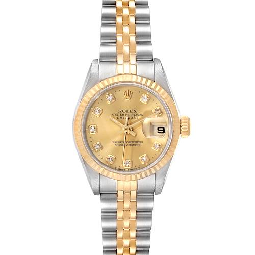 The Rolex Datejust 69173 Women's Stainless Steel Champagne Dial 69173 Women's Stainless Steel Champagne Dial watch is shown from a front view, displaying its face, bezel, and part of the bracelet.