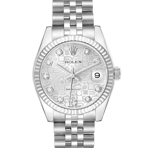 The Rolex Datejust 178274 Women's Stainless Steel Silver Dial watch is shown from a front angle, displaying the dial, bezel, crown, and bracelet.