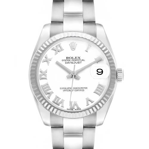 The Rolex Datejust 178274 Women's Stainless Steel White Dial watch is shown from a frontal angle, displaying the dial, Roman numerals, date window, and part of the bracelet.