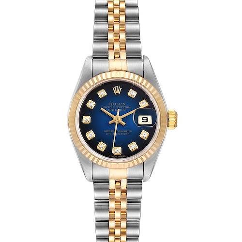 The image shows a Rolex Datejust 79173 Women's Stainless Steel Blue Dial 79173 Women's Stainless Steel Blue Dial watch from the front, displaying its Jubilee bracelet, fluted bezel, and date window at 3 o'clock.
