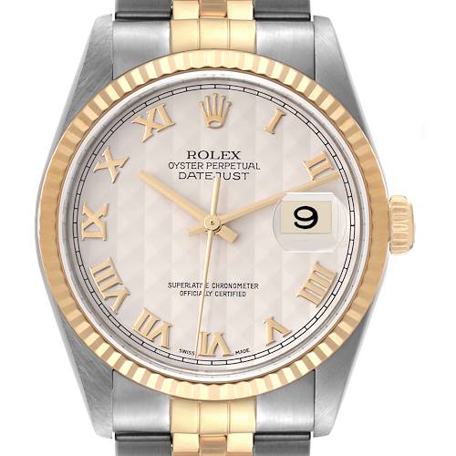 The image shows a front view of a Rolex Datejust 16233 Men's Stainless Steel Beige Dial 16233 Men's Stainless Steel Beige Dial watch featuring a gold and silver two-tone bezel, Roman numeral markers, and a date window.