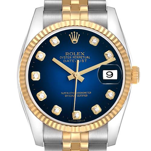 The Rolex Datejust 116233 Men's Steel and Gold (two tone) Blue Dial watch is shown from the front, highlighting the dial, bezel, crown, and part of the bracelet.