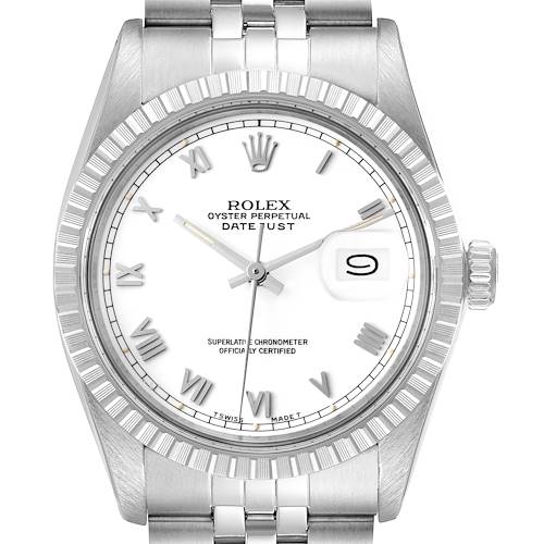 This image shows a front view of the Rolex Vintage Collection 16030 Men's Stainless Steel White Dial 16030 Men's Stainless Steel White Dial model, displaying the dial, bezel, crown, and part of the bracelet.
