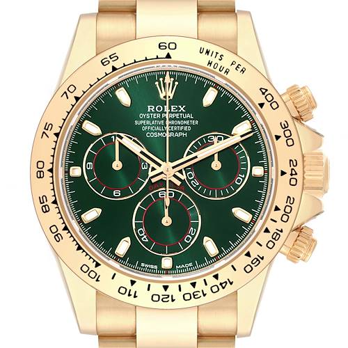 The Rolex Daytona 116508 Men's Yellow Gold Green Dial 116508 Men's Yellow Gold Green Dial watch is shown from a front angle, highlighting the gold case, green dial, three subdials, and bezel.