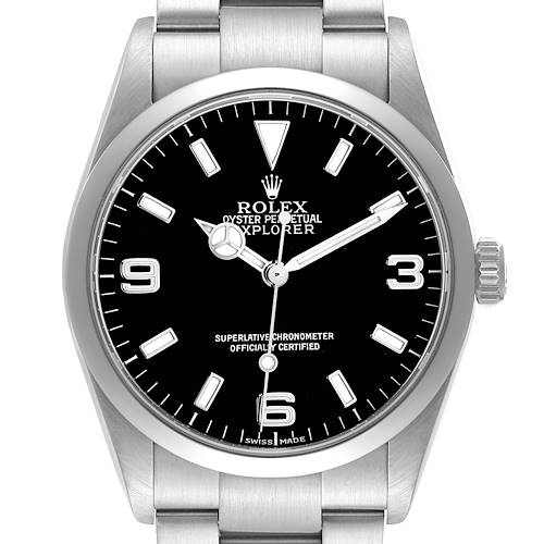 The Rolex Explorer 114270 Men's Stainless Steel Black Dial watch is shown from a straight-on angle, highlighting the dial, bezel, crown, and part of the bracelet.