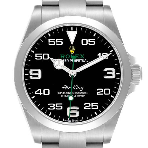 The Rolex Air-King 126900 Men's Stainless Steel Black Dial watch is shown from the front, displaying the black dial, bezel, crown, and part of the bracelet.