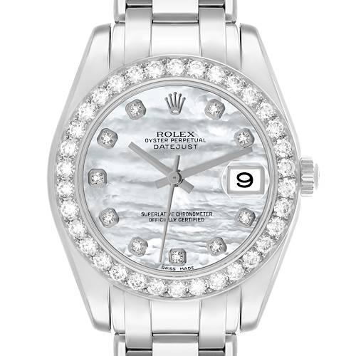 The Rolex Pearlmaster 81299 Women's White Gold Mother of Pearl Dial watch is shown from a front angle, highlighting its diamond bezel, mother-of-pearl dial, and bracelet.