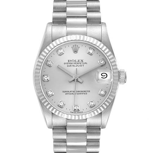 The Rolex Datejust 68279 Women's White Gold Silver Dial watch is shown from the front, displaying the dial, bezel, and bracelet.