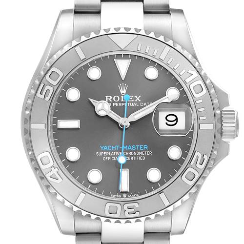 The Rolex Yacht-Master 126622 Men's Stainless Steel Grey Dial watch is shown from a top-down angle, displaying its dial, bezel, hands, and bracelet.