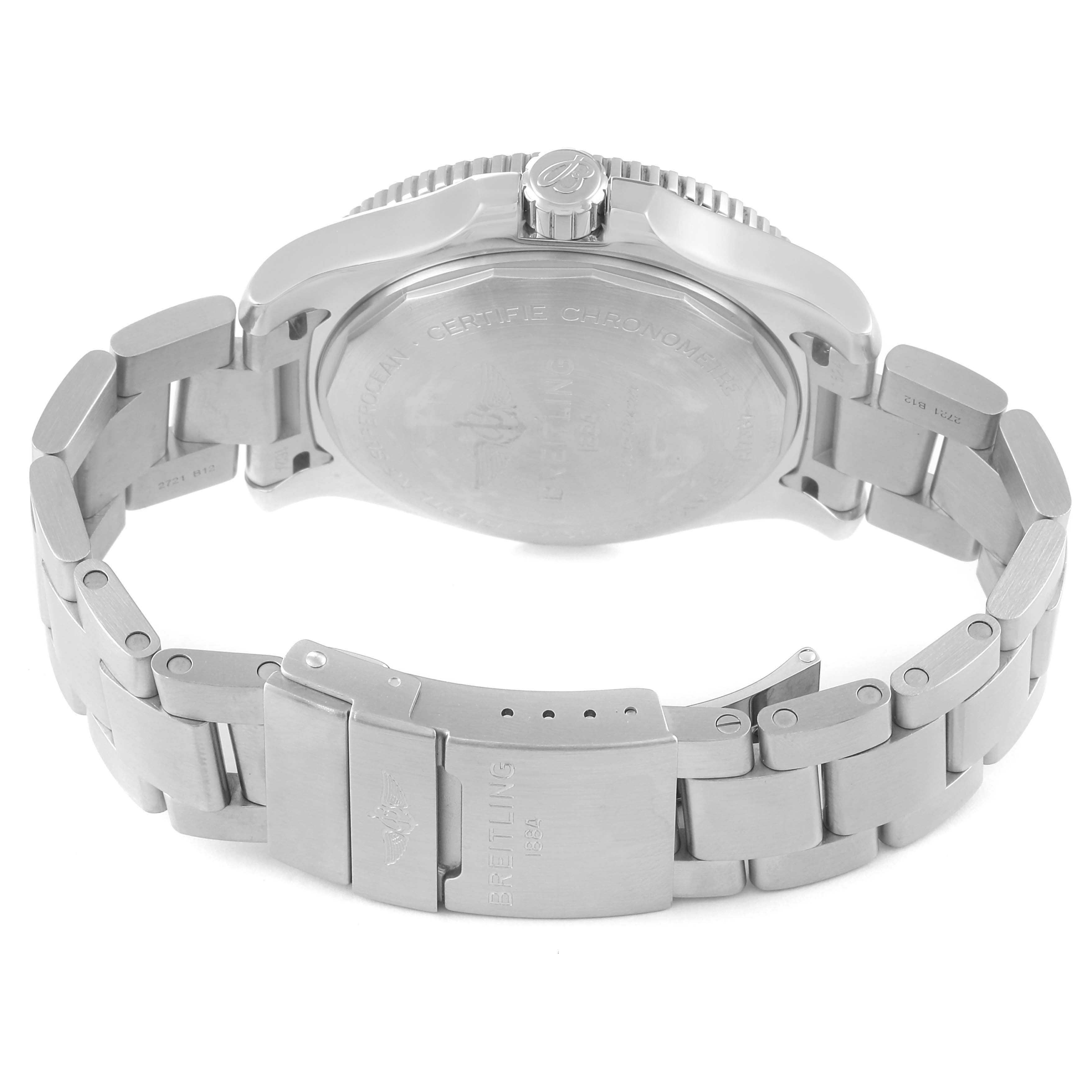 The image shows the back and bracelet of a Breitling Superocean A17367 Men's Stainless Steel Blue Dial A17367 Men's Stainless Steel Blue Dial watch at an angle, showcasing the clasp and case back.