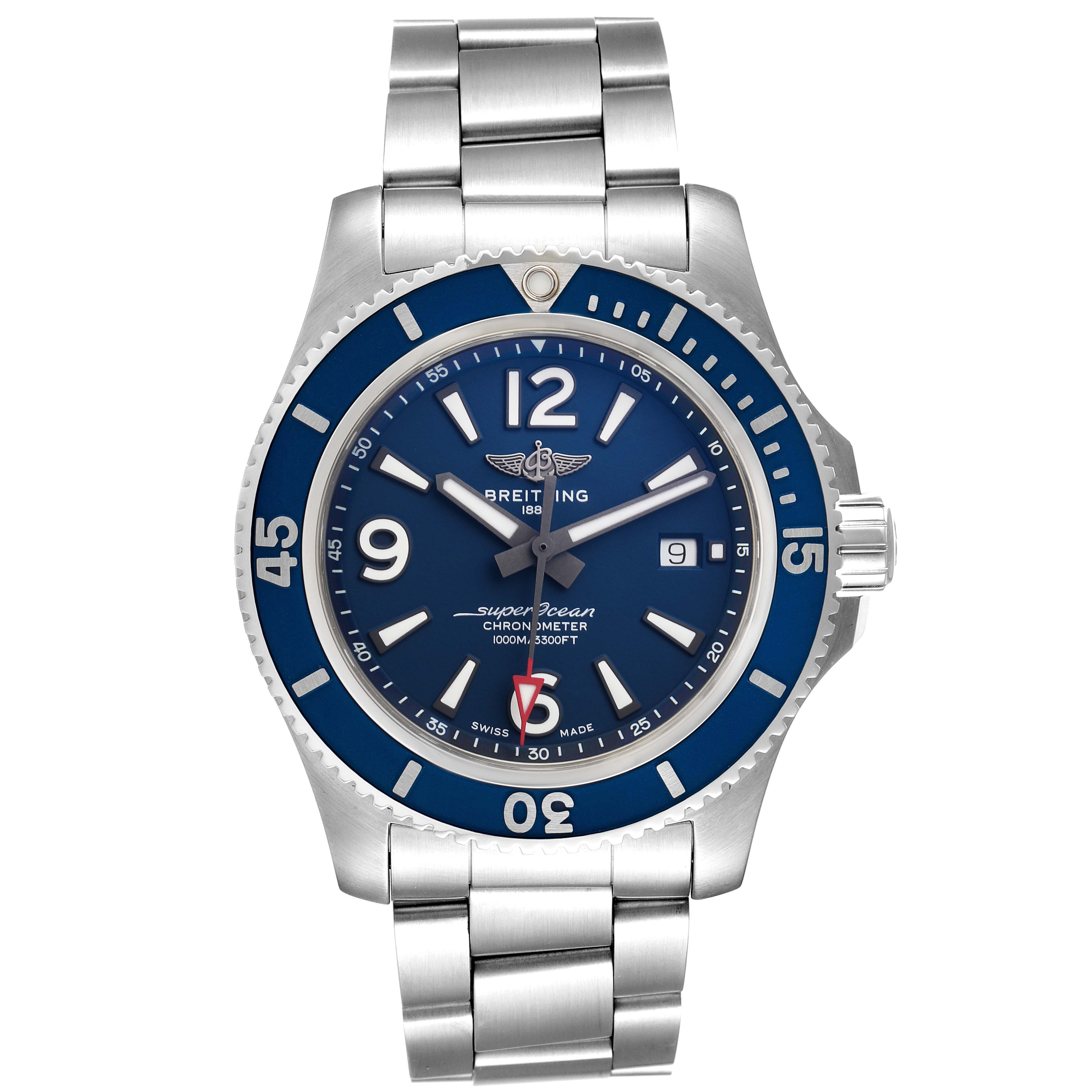 The image shows a front view of the Breitling Superocean A17367 Men's Stainless Steel Blue Dial A17367 Men's Stainless Steel Blue Dial watch, highlighting the blue dial, stainless steel band, and bezel.