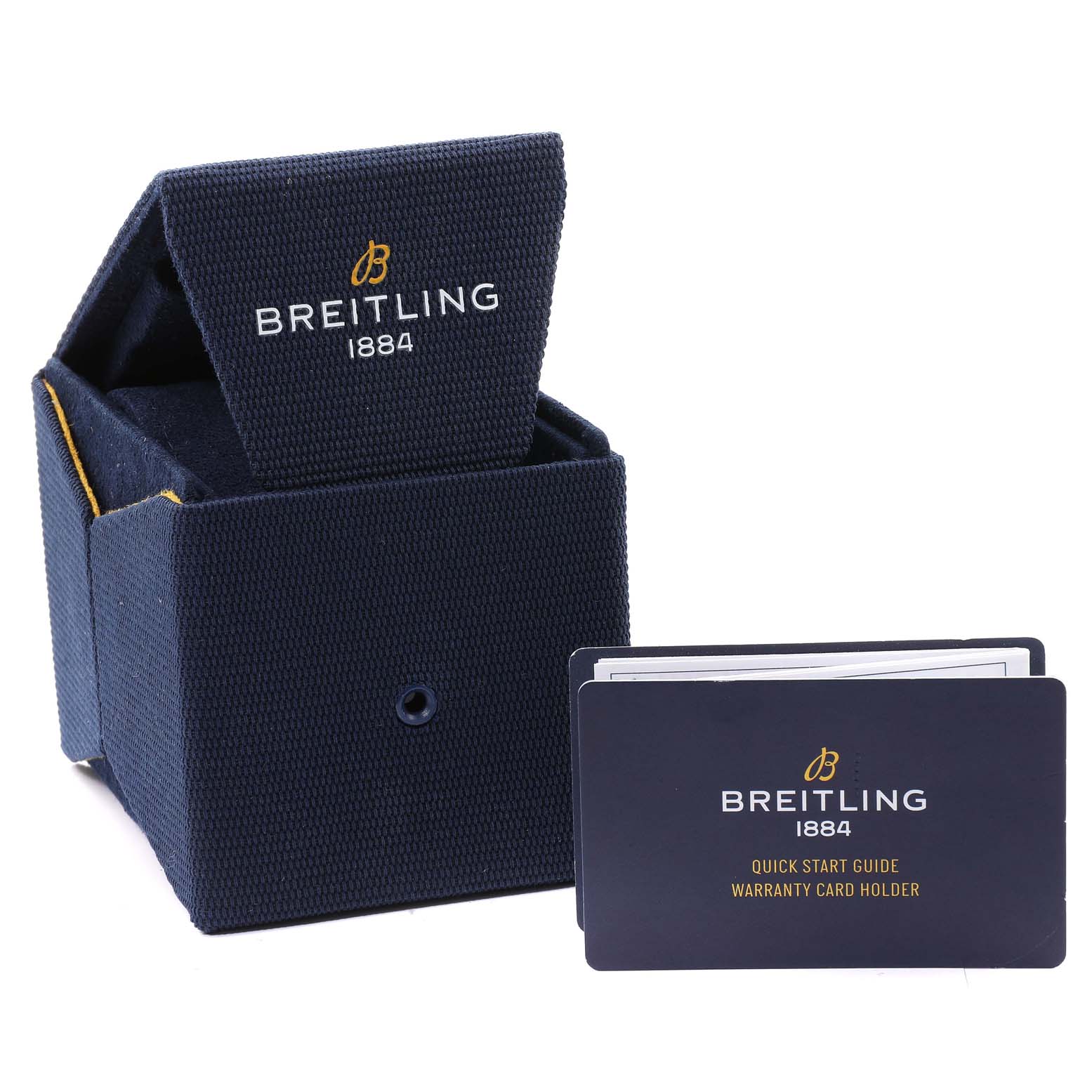 The image shows the packaging box and warranty card holder for a Breitling Superocean A17367 Men's Stainless Steel Blue Dial A17367 Men's Stainless Steel Blue Dial watch.