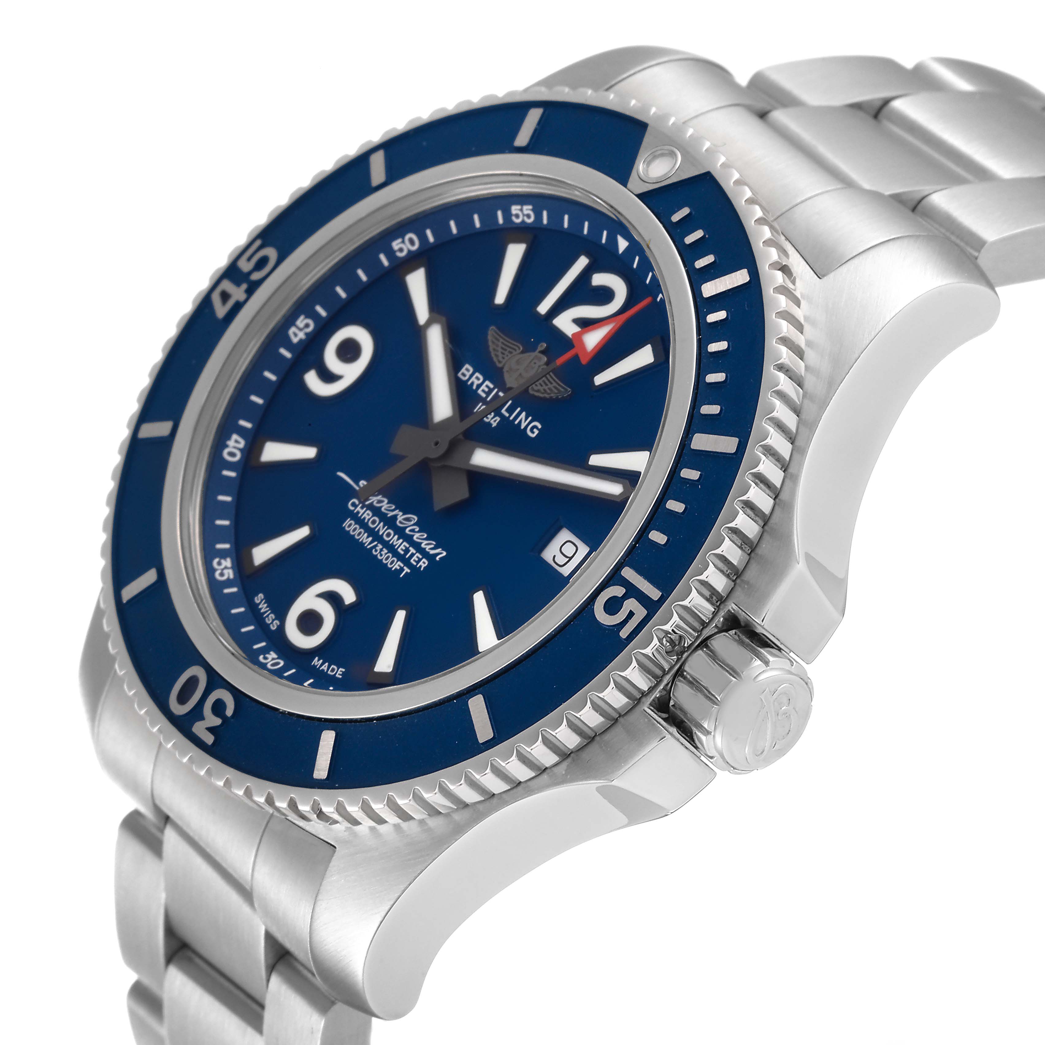 The Breitling Superocean A17367 Men's Stainless Steel Blue Dial A17367 Men's Stainless Steel Blue Dial watch is shown at a three-quarter angle, highlighting the blue dial, bezel, crown, and metal bracelet.