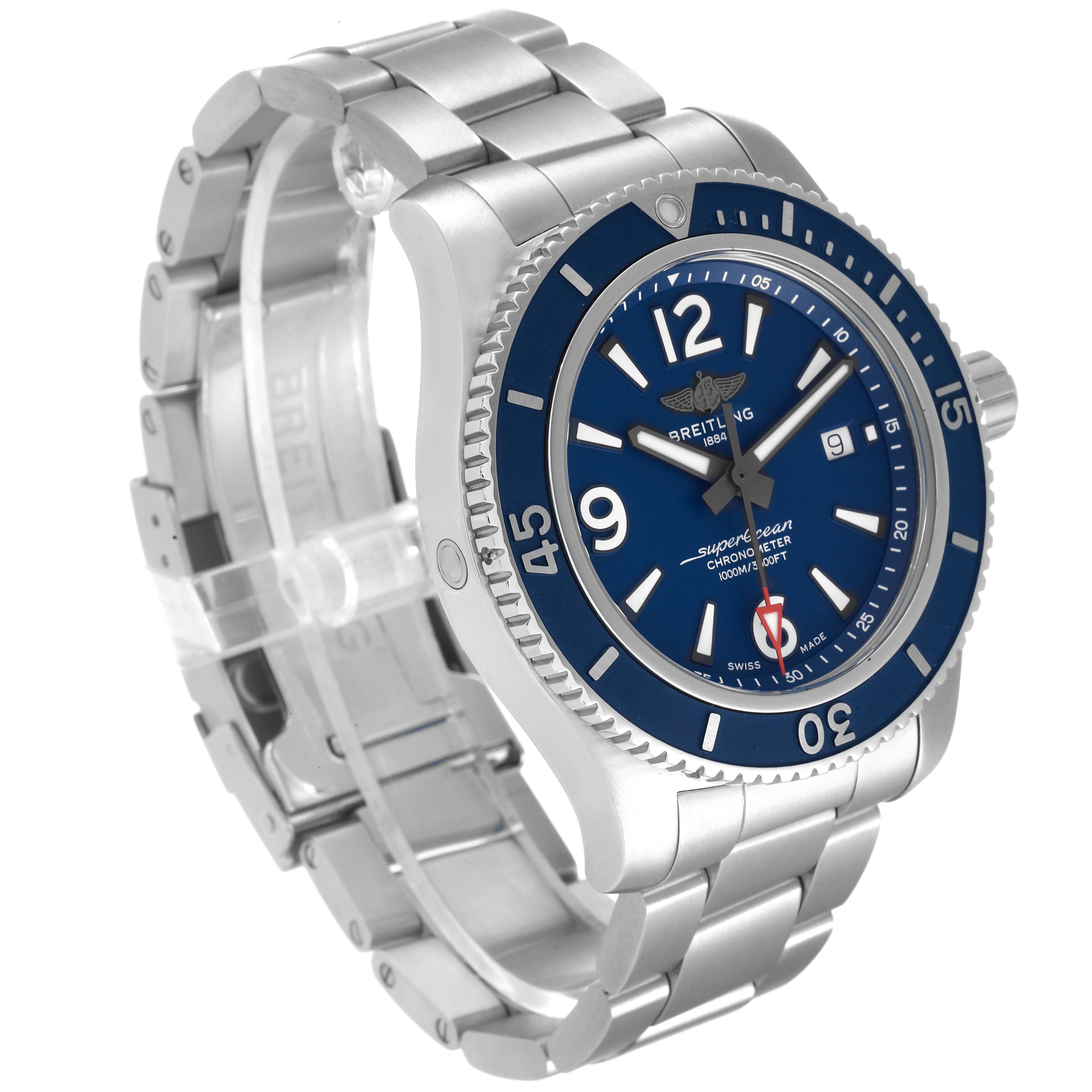 The image shows a side angle view of the Breitling Superocean A17367 Men's Stainless Steel Blue Dial A17367 Men's Stainless Steel Blue Dial watch, highlighting the blue dial, bezel, and metal bracelet.