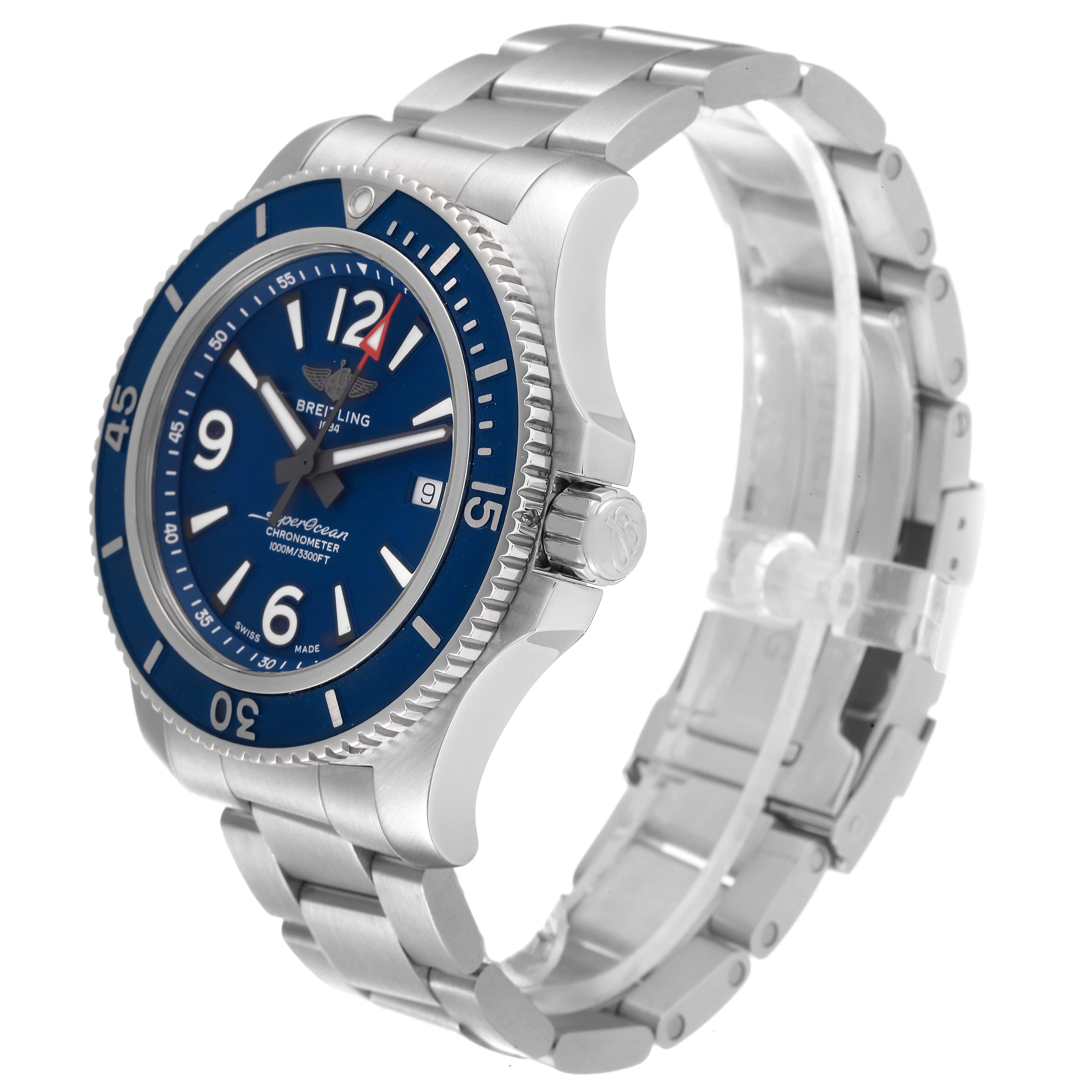 The image shows a side-angle view of the Breitling Superocean A17367 Men's Stainless Steel Blue Dial A17367 Men's Stainless Steel Blue Dial watch, highlighting the bezel, face, crown, and bracelet.