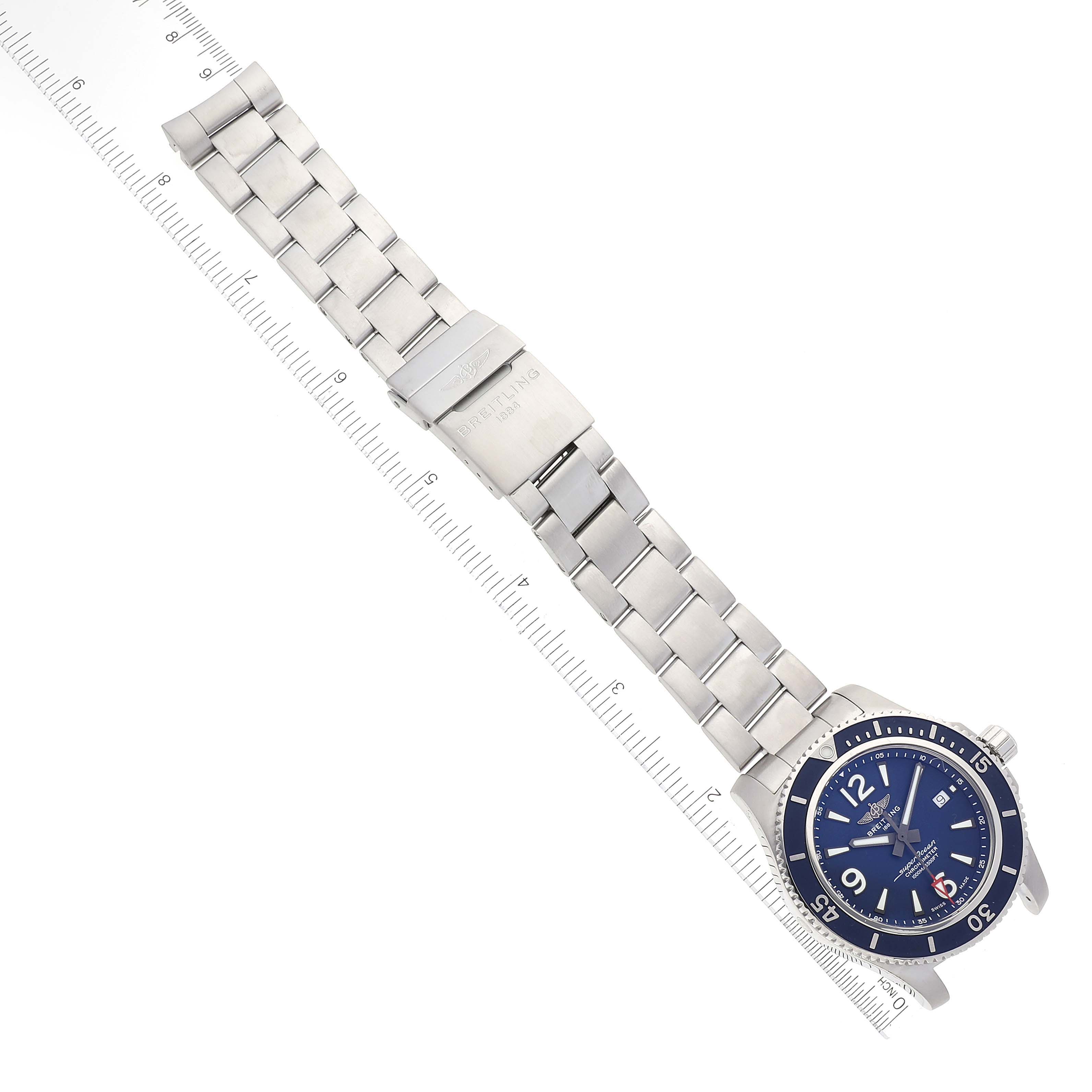 The Breitling Superocean A17367 Men's Stainless Steel Blue Dial A17367 Men's Stainless Steel Blue Dial watch is shown from an overhead view, highlighting its metal bracelet and blue dial.