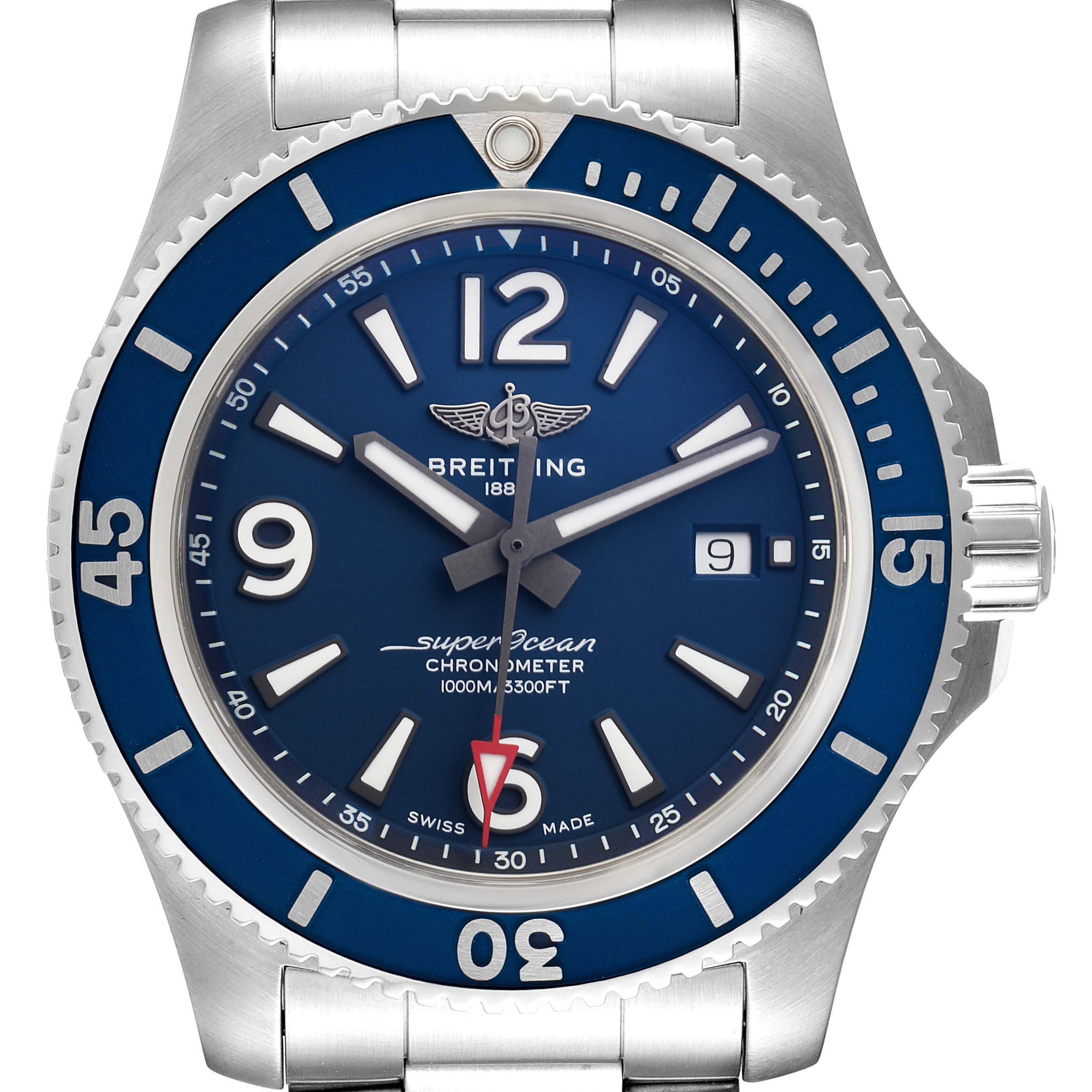 The image displays a front view of the Breitling Superocean A17367 Men's Stainless Steel Blue Dial A17367 Men's Stainless Steel Blue Dial watch, showing the dial, bezel, and part of the metal bracelet.