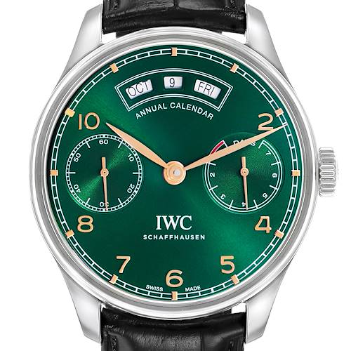 The IWC Portuguese IW503510 Men's Stainless Steel Green Dial watch is shown from the front, displaying its green dial, annual calendar, and subdials.