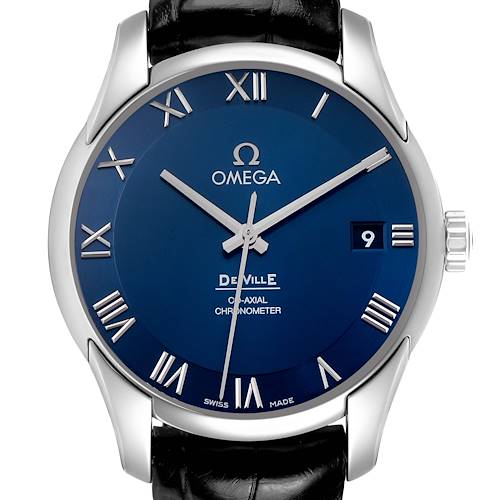 The Omega De Ville 431.13.41.21.03.001 Men's Stainless Steel Blue Dial watch is shown from the front, displaying its blue dial, Roman numerals, and date window.