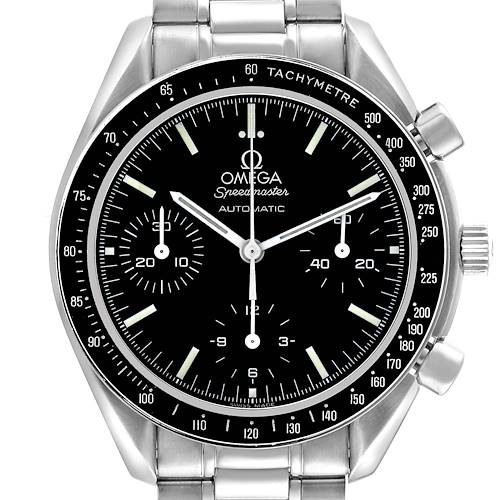 The image shows a front view of the Omega Speedmaster 3539.50.00 Men's Stainless Steel Black Dial 3539.50.00 Men's Stainless Steel Black Dial watch, displaying the dial, bezel, and part of the stainless steel bracelet.
