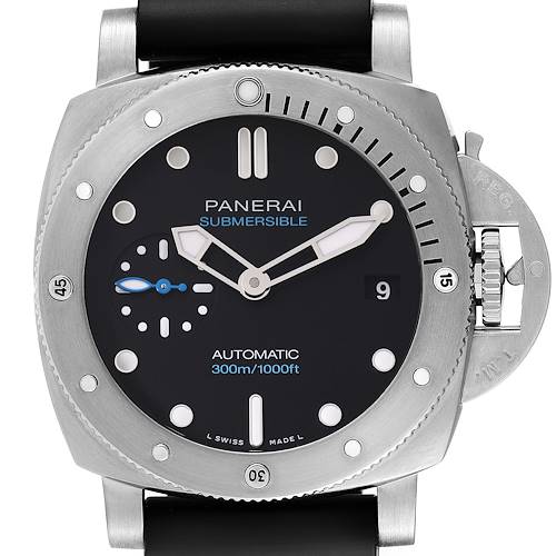 This image shows a front view of a Panerai Submersible PAM00973 Men's Stainless Steel Black Dial PAM00973 Men's Stainless Steel Black Dial watch, highlighting the face, bezel, crown guard, and strap.