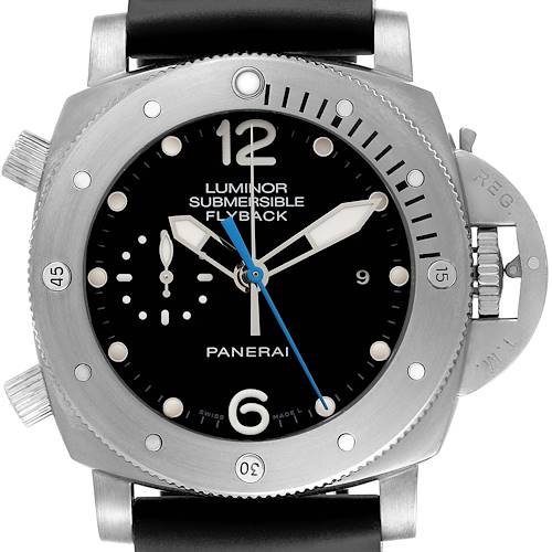 The image shows a frontal view of the Panerai Luminor Submersible Flyback watch, highlighting its dial, bezel, and crown guard.