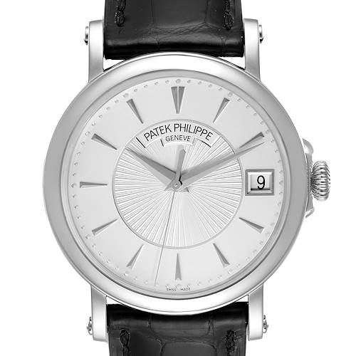 The image shows a front view of a Patek Philippe Calatrava 5153G Men's White Gold Silver Dial 5153G Men's White Gold Silver Dial watch, displaying the face, hands, date window, and part of the leather strap.