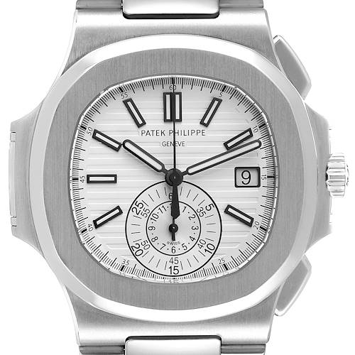 The image shows a front view of a Patek Philippe Nautilus 5980/1A Men's Stainless Steel White Dial 5980/1A Men's Stainless Steel White Dial watch, focusing on the dial, markers, sub-dial, and date window.