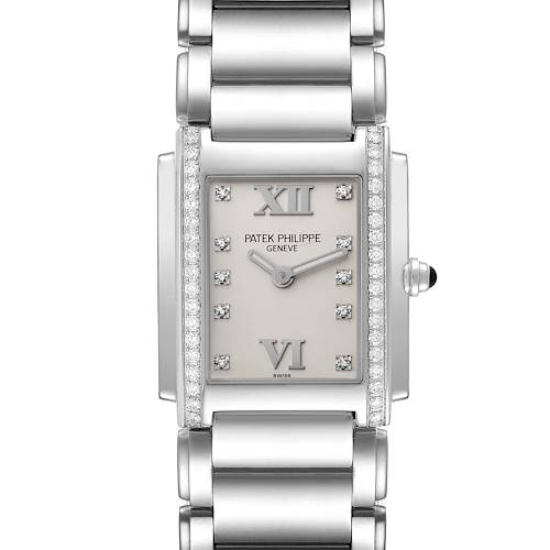 The image shows a frontal view of the Patek Philippe Twenty-4 4910 Women's Stainless Steel Silver Dial 4910 Women's Stainless Steel Silver Dial watch, highlighting the dial, bracelet, and diamond-set bezel.