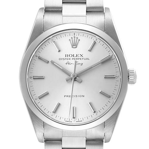 The Rolex Air-King 14000 Men's Stainless Steel Silver Dial watch is shown from the front, displaying the dial, bezel, and part of the bracelet.