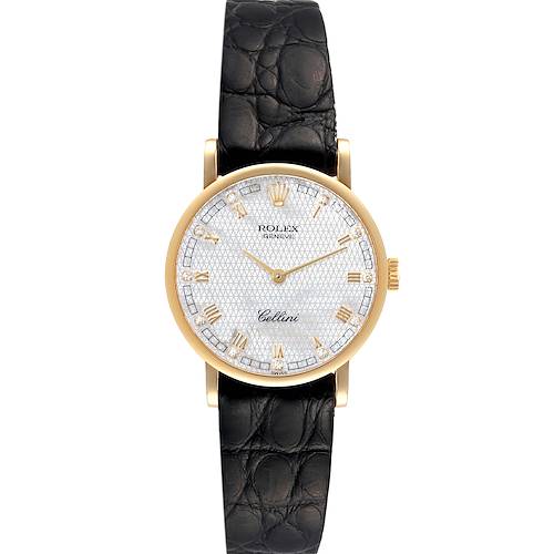 The image shows a front view of a Rolex Cellini 5109 Women's Yellow Gold Mother of Pearl Dial 5109 Women's Yellow Gold Mother of Pearl Dial watch, featuring a gold case, white textured dial, and black leather strap.