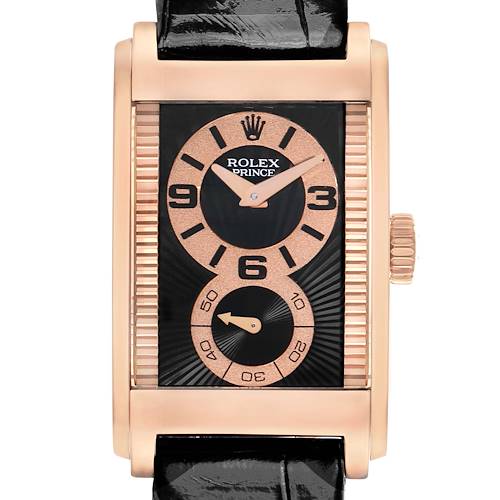 The Rolex Cellini 5442 Men's Rose Gold Black Dial watch is shown from the front, highlighting its rectangular dial and crown on the right side.