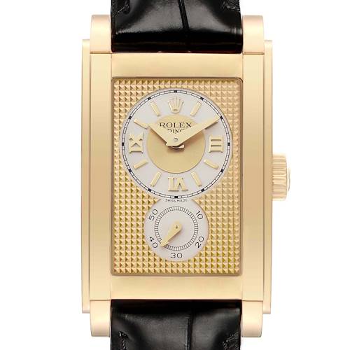 The Rolex Cellini 5440 Men's Yellow Gold Champagne Dial watch is shown from the front, highlighting its gold case, rectangular dial, and black leather strap.