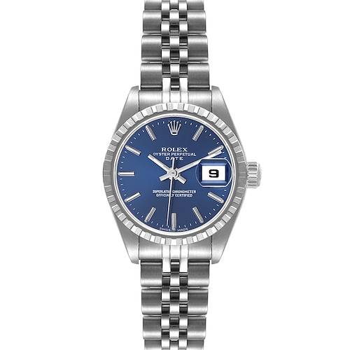 The image shows a front view of a Rolex Oyster Perpetual Date watch with a blue dial and stainless steel bracelet.