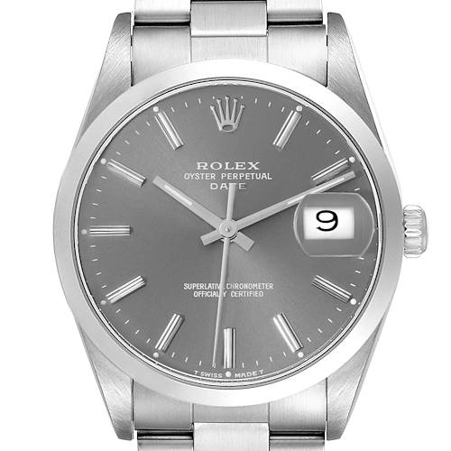The image shows a front view of a Rolex Oyster Perpetual Date model watch, highlighting the dial and bracelet.