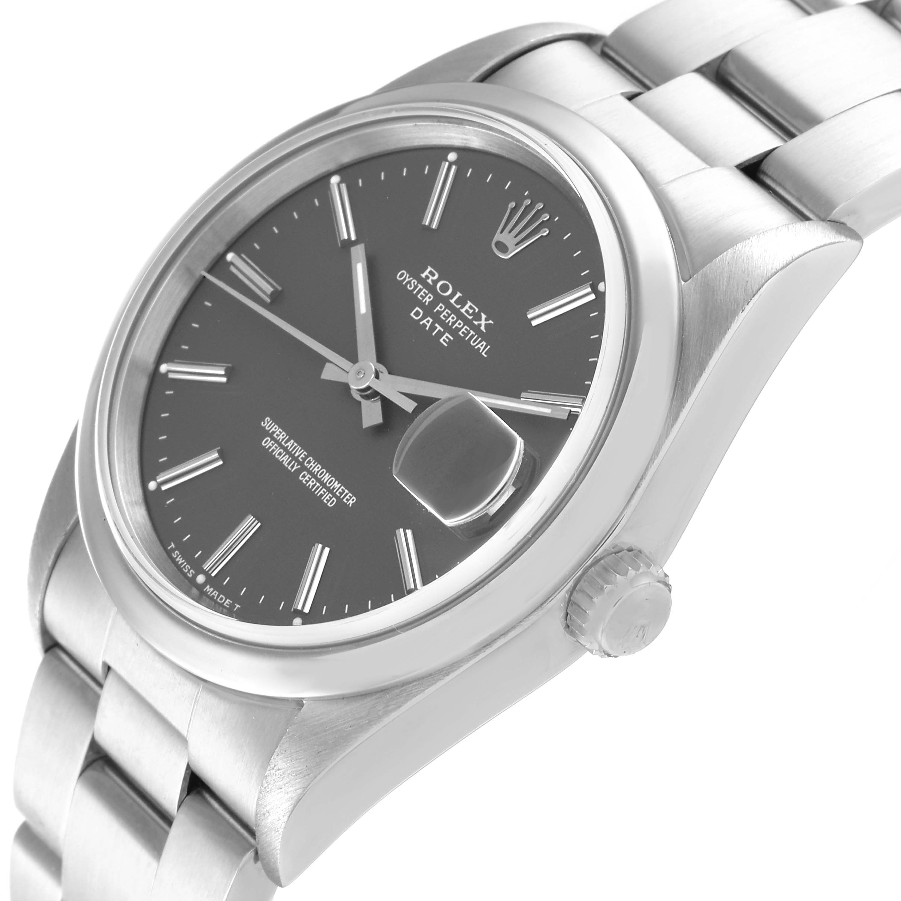 The image shows a side-angle view of the Rolex Date 15200 Men's Stainless Steel Silver Dial 15200 Men's Stainless Steel Silver Dial model watch, highlighting its dial, crown, and bracelet.