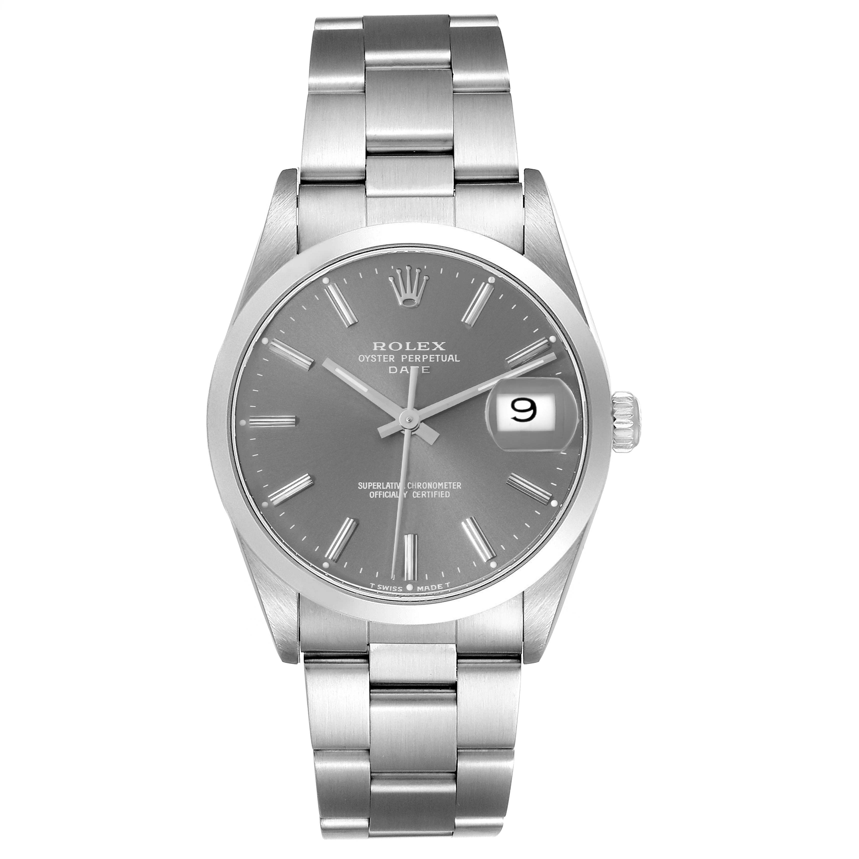 The image shows a front view of a Rolex Oyster Perpetual Date watch with a silver dial and metal bracelet.