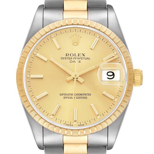 The image shows a frontal view of a Rolex Date 15223 Men's Steel and Gold (two tone) Champagne Dial with a gold dial, fluted bezel, and two-tone metal bracelet.