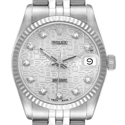The Rolex Datejust 68274 Women's Stainless Steel Silver Dial watch is shown from the front, highlighting the dial, bezel, bracelet, and crown.