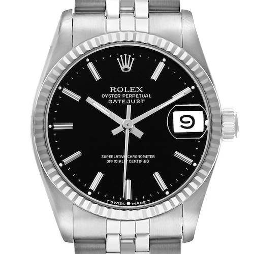 The Rolex Datejust 68274 Women's Stainless Steel Black Dial watch is shown from the front, highlighting the face, bezel, crown, and part of the bracelet.