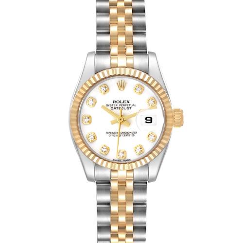 The Rolex Datejust 179173 Women's Steel and Gold (two tone) White Dial watch is viewed from the front, showing the face, bezel, crown, and part of the two-tone bracelet.