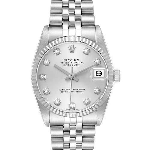 The Rolex Datejust 78274 Women's Stainless Steel Silver Dial watch is shown from a front angle, displaying the dial, bezel, crown, and bracelet.