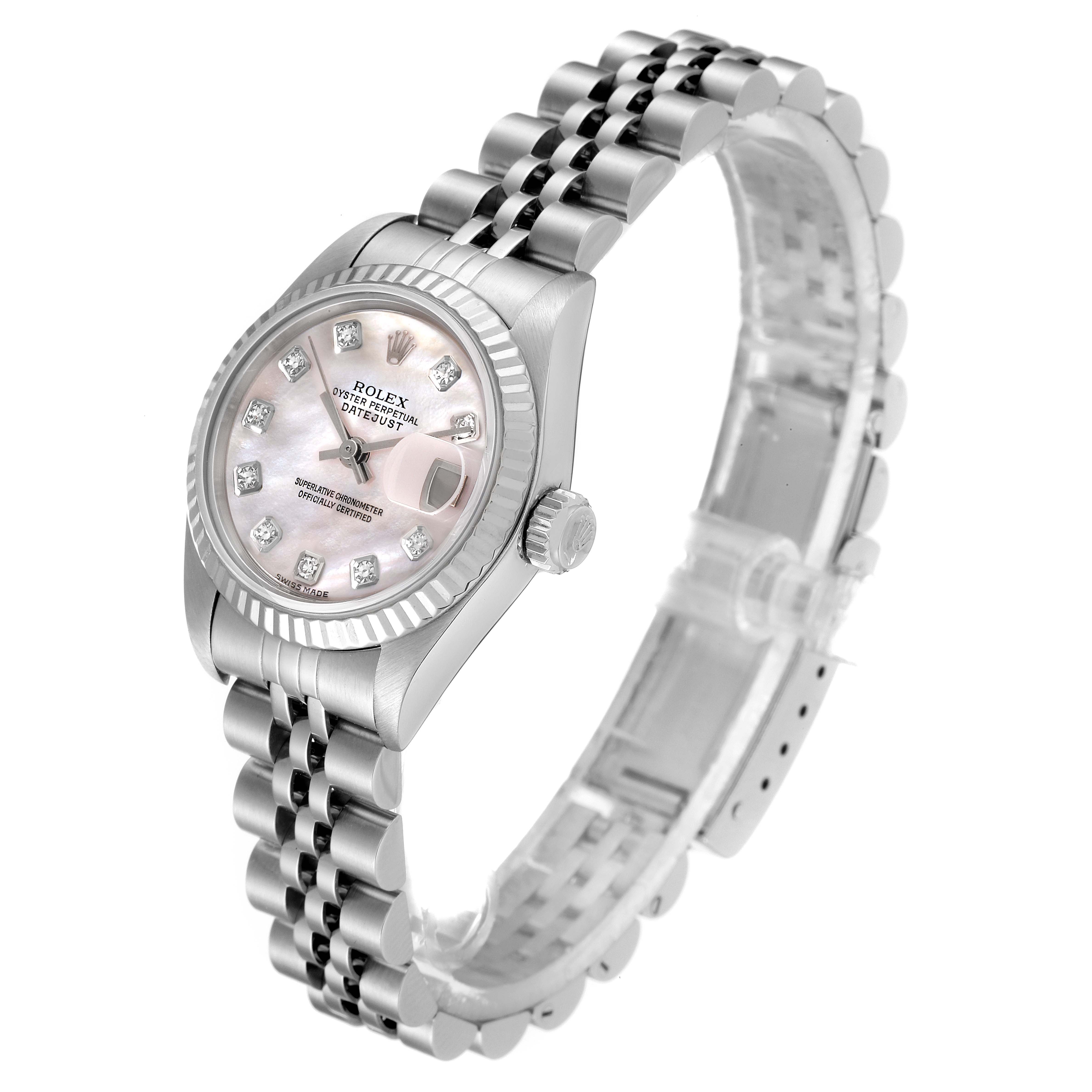 The image shows a Rolex Datejust 79174 Women's Stainless Steel Mother of Pearl Dial 79174 Women's Stainless Steel Mother of Pearl Dial watch angled to display the face, bezel, crown, and bracelet.