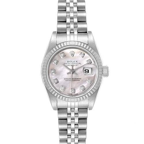 The image shows a front view of a Rolex Datejust 79174 Women's Stainless Steel Mother of Pearl Dial 79174 Women's Stainless Steel Mother of Pearl Dial watch, displaying its face, bezel, and bracelet.