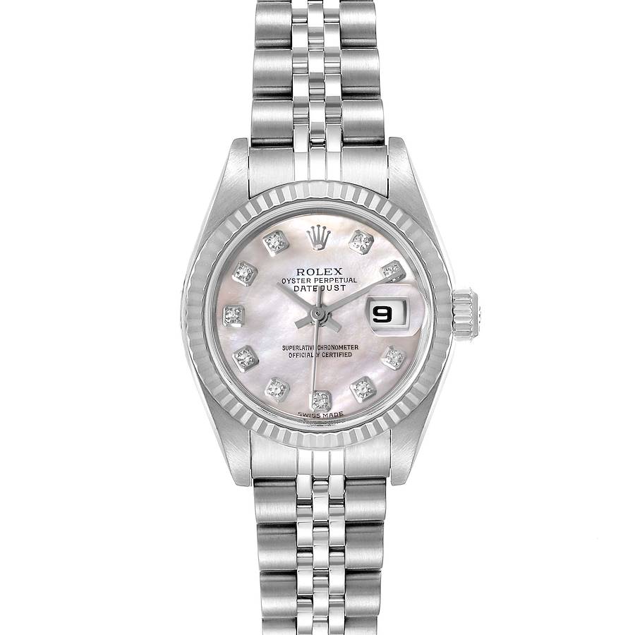 The image shows a front view of a Rolex Datejust 79174 Women's Stainless Steel Mother of Pearl Dial 79174 Women's Stainless Steel Mother of Pearl Dial watch displaying its dial, bracelet, bezel, and crown.