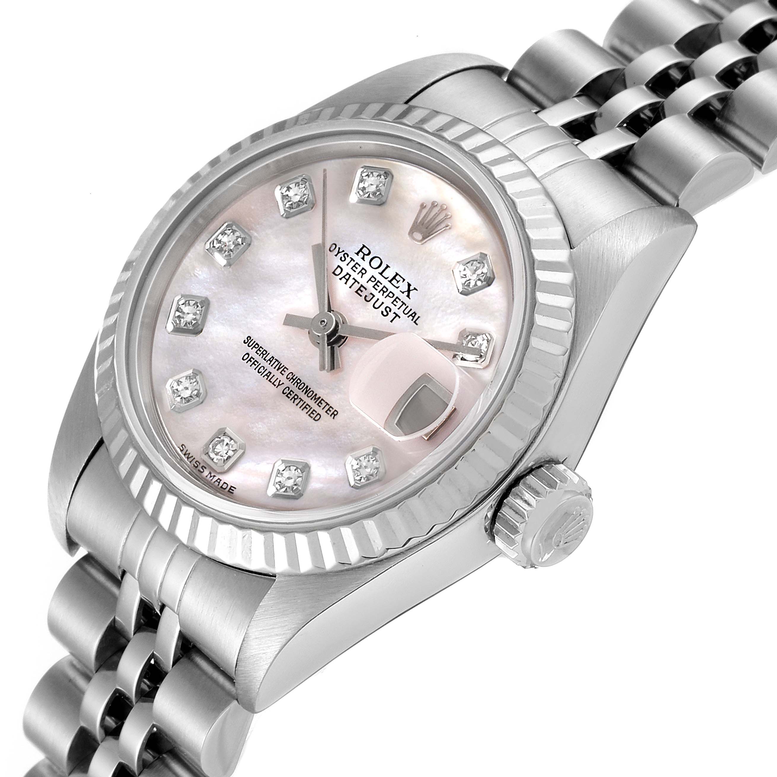 This image shows a close-up, angled view of the Rolex Datejust 79174 Women's Stainless Steel Mother of Pearl Dial 79174 Women's Stainless Steel Mother of Pearl Dial watch featuring its dial, bezel, crown, and bracelet.